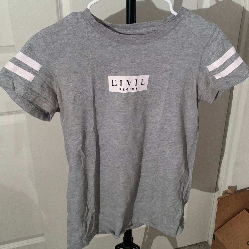 Civil Regime Grey T-shirt with Logo and White Stripes on Sleeves